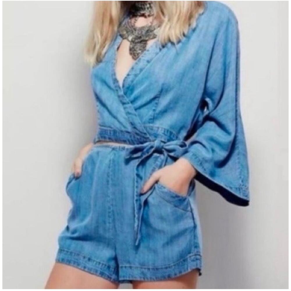 Free People Romper Denim Marlin Blue Lyocell Rare Bird Chambray Wrap Side Tie XS